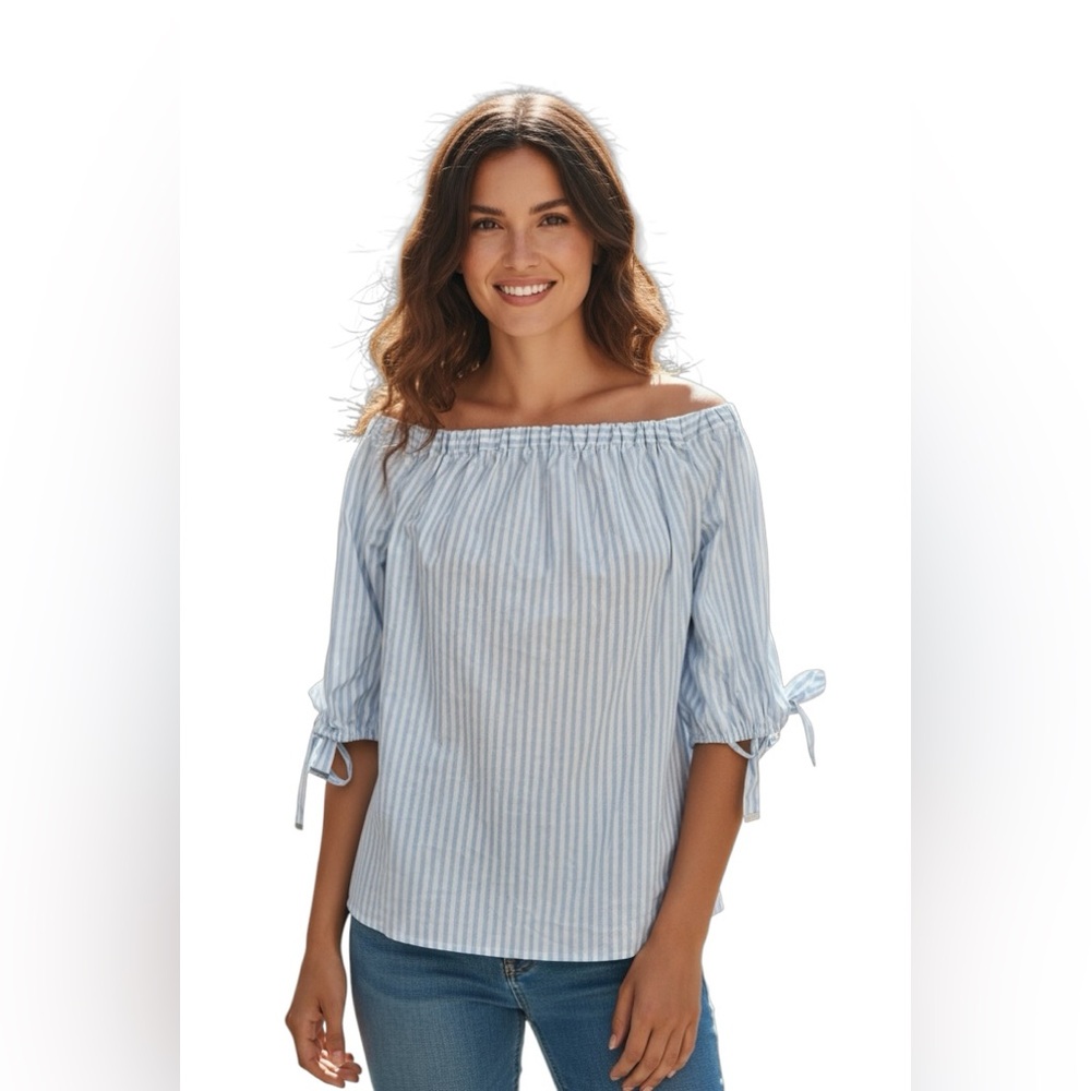 🆕 Michael Kors business casual, preppy, classic core, Striped Off-Shoulder shirt